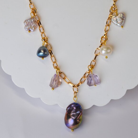 Drea's Pearly Gems Jewelry - Pearl & Ametrine Charm Necklace - 16.5" to 18.5"